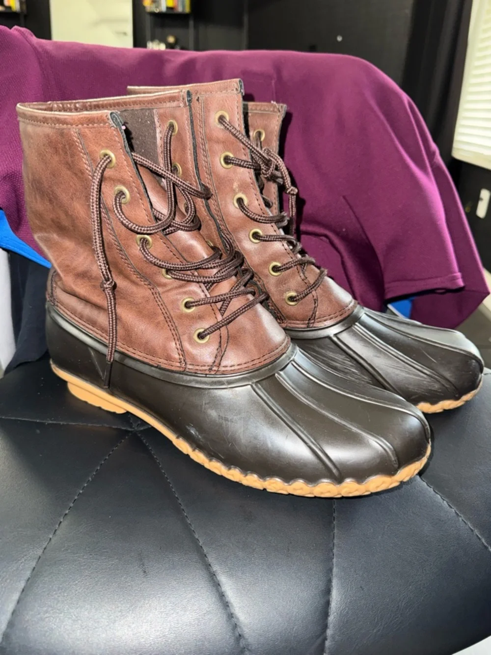 Men's Brown Leather and Black Duck Boots - Lace-Up Weatherproof Style